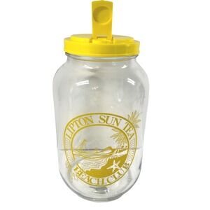Vintage Lipton Sun Tea Beach Club Glass Jar Yellow Lid Retro Kitchen 10"  EUC